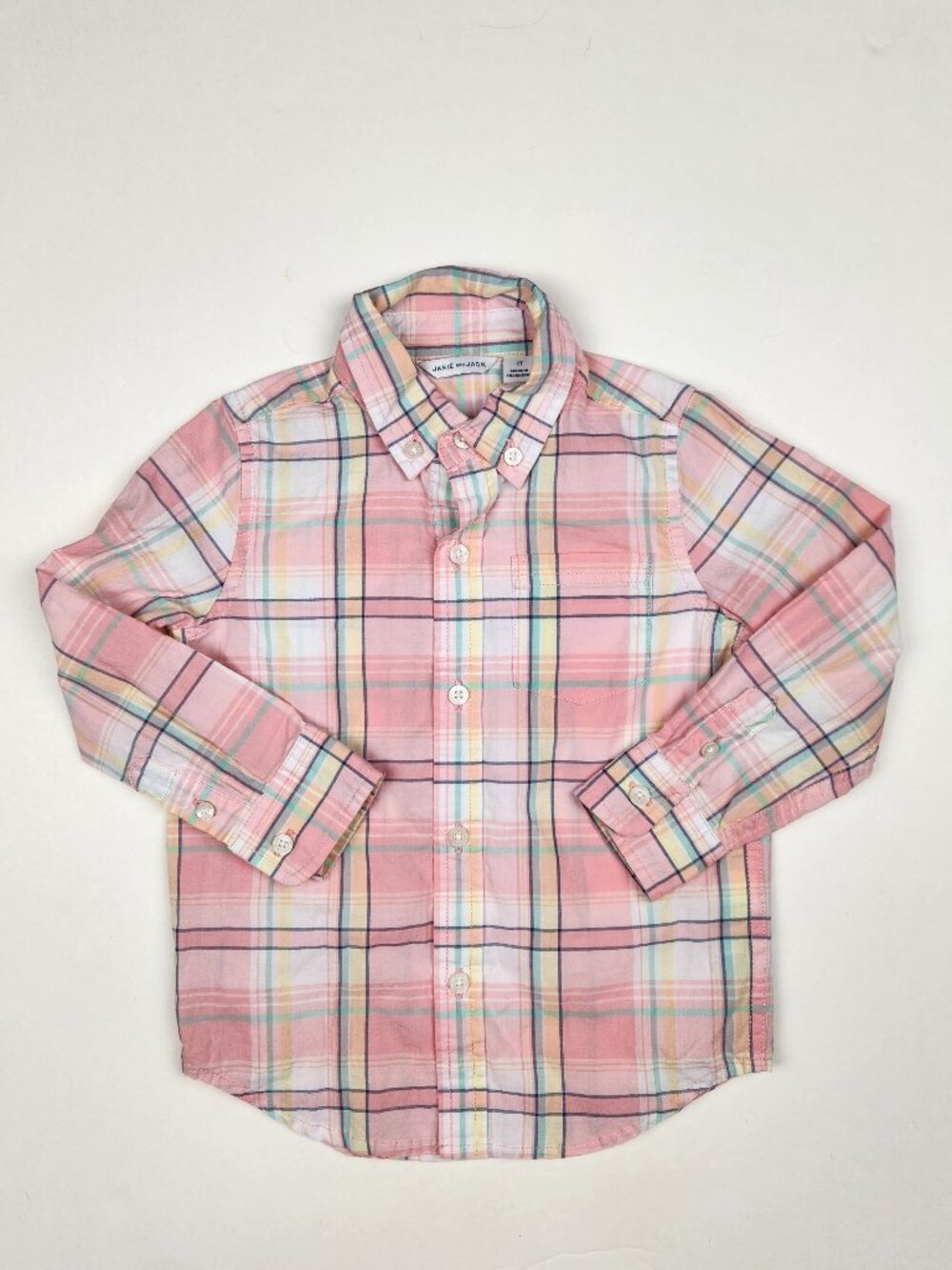 Janie and Jack Madras Plaid Long Sleeve Button Up Shirt Pink 2T